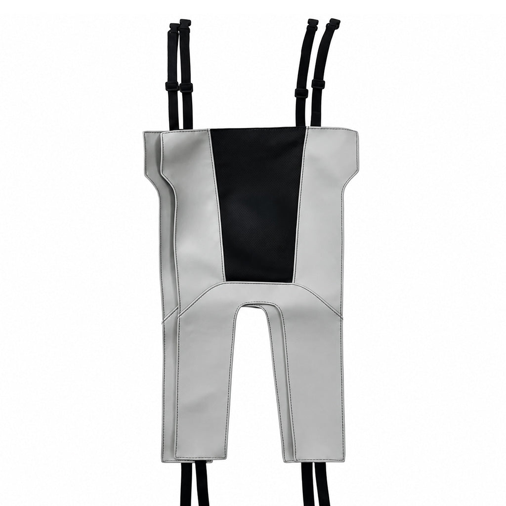 BMW M Carbon Bucket Seat Cushion Protector – grey leatherette outer panels with black perforated center stripe and strap attachments, flat product shot
