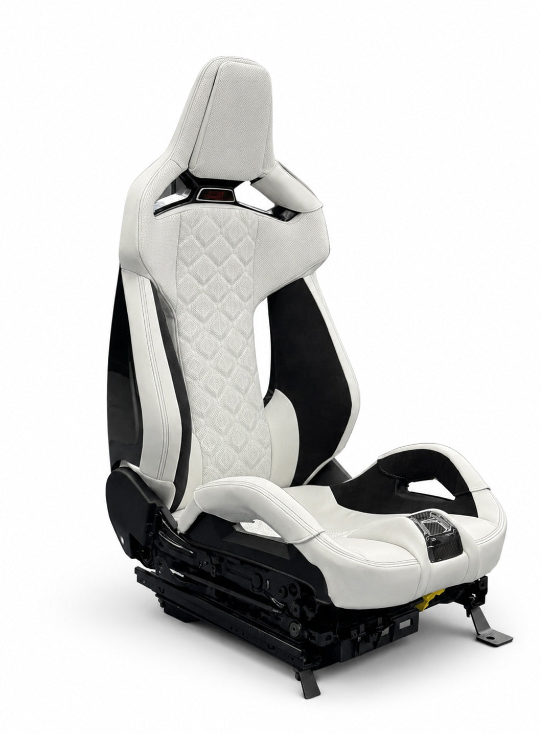 BMW M Carbon Fiber Bucket Seats Bespoke Leather in white and black M8-style diamond quilted leather, front view