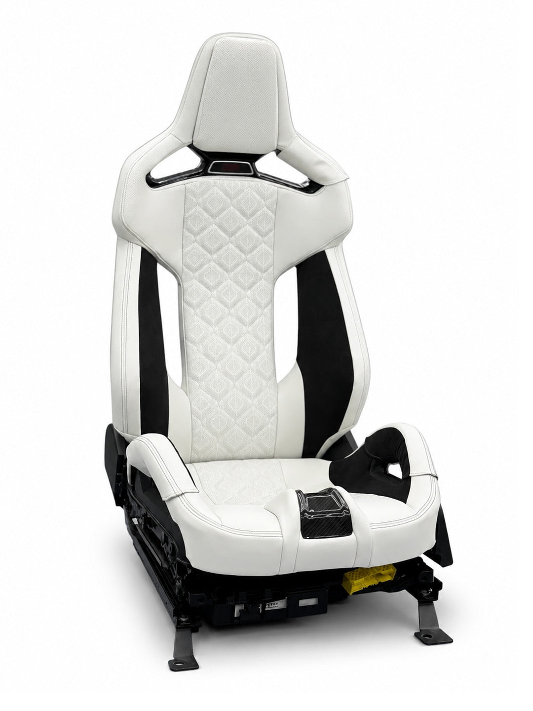 BMW M Carbon Fiber Bucket Seats Bespoke Leather, M8-style diamond quilting with carbon fiber shell, three-quarter view