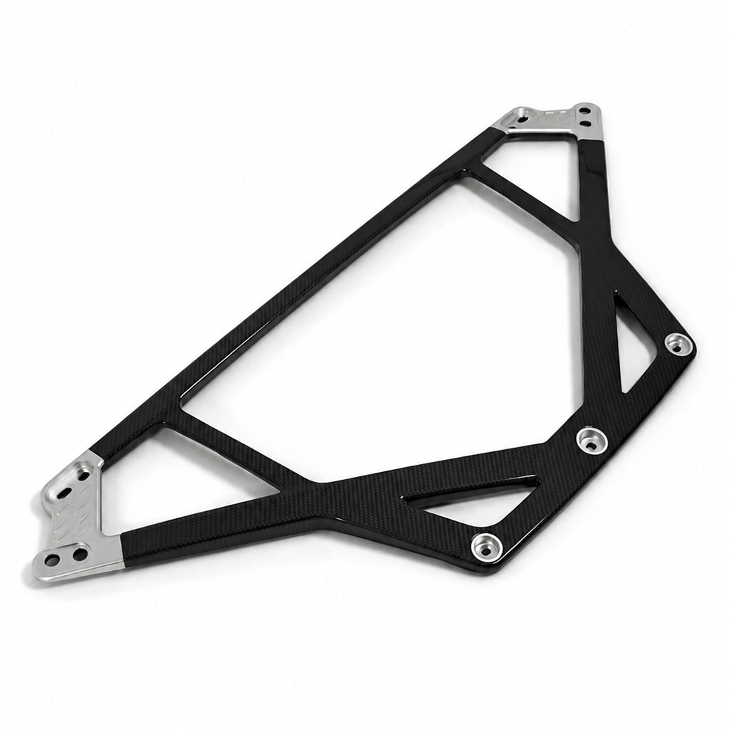 BMW G80 M3 G82 M4 G87 M2 S58 CSL style carbon fiber engine bay strut bar with silver CNC machined end brackets, full studio view