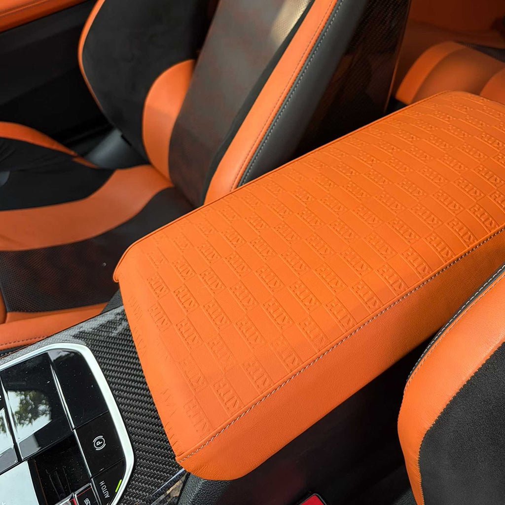 BMW G8X Merino Leather Center Armrest Cover — Signature Script Style (Custom)