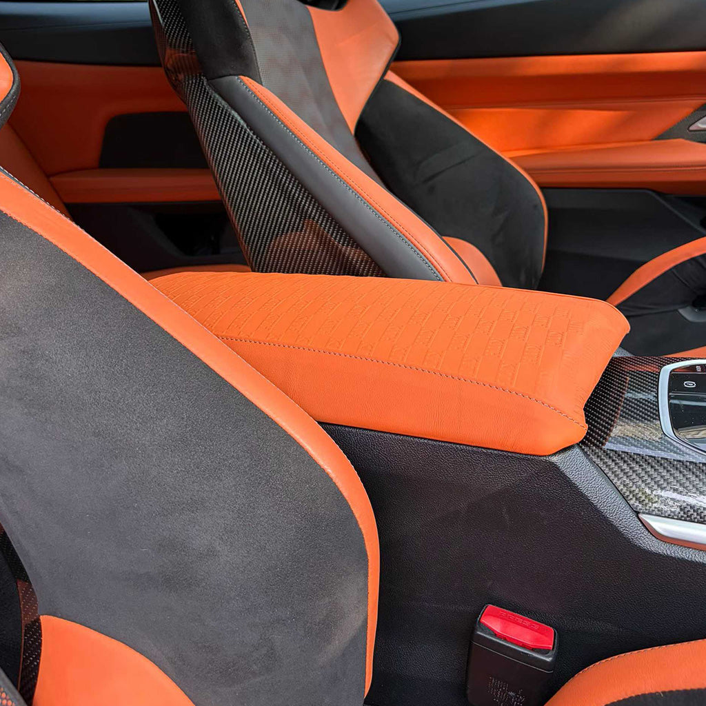BMW G8X Merino Leather Center Armrest Cover — Signature Script Style (Custom)