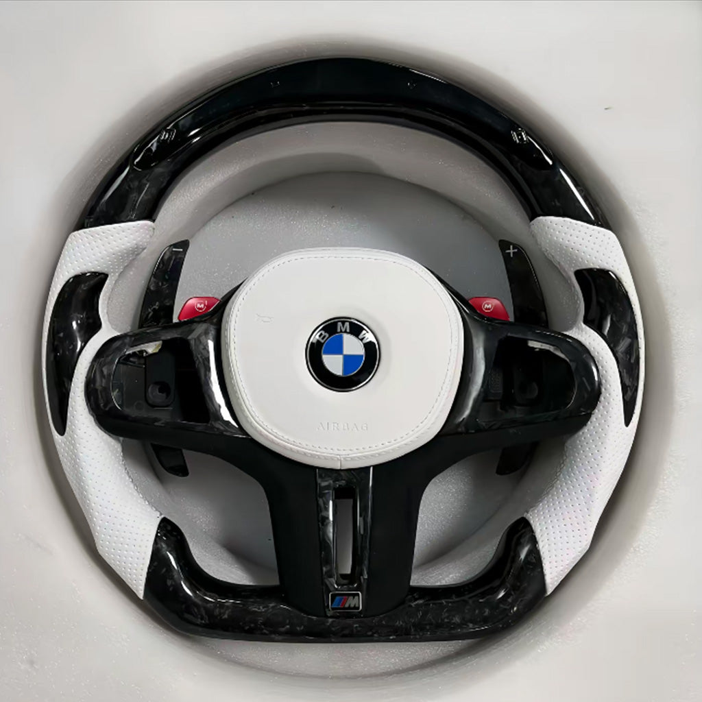 CarbonXtreme BMW G-Chassis Forged Carbon Fiber Steering Wheel With LED Shift Lights White Perforated Leather Grip And White Leather Airbag Cover With White Stitching
