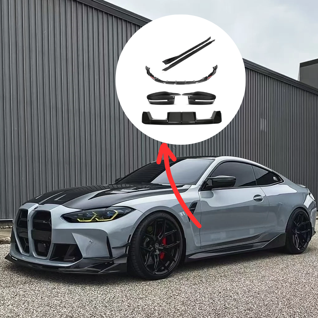 BMW G82 M4 MP Style Carbon Fiber Aero Bundle (4-Item Set: Front Lip, Side Skirts, Rear Side Splitters, Mirror Covers)