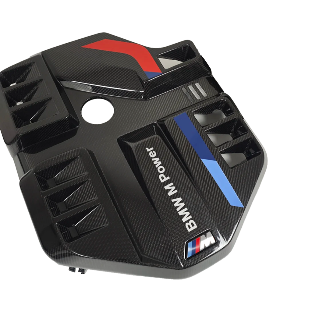 BMW G80 G82 G87 M2 M3 M4 S58 EVE carbon fiber engine cover, three quarter angle showing vented scoops, BMW M Power lettering and carbon weave