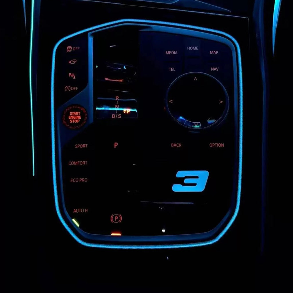 BMW M Illuminated Gear Selector Surround – cyan blue LED mode, full color-change demonstration with matching cabin ambient strips