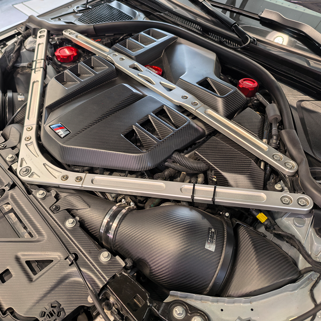 CarbonXtreme BMW S58 engine bay oil filler cap 3-piece set CNC 6061 aluminum anodized red and blue finish