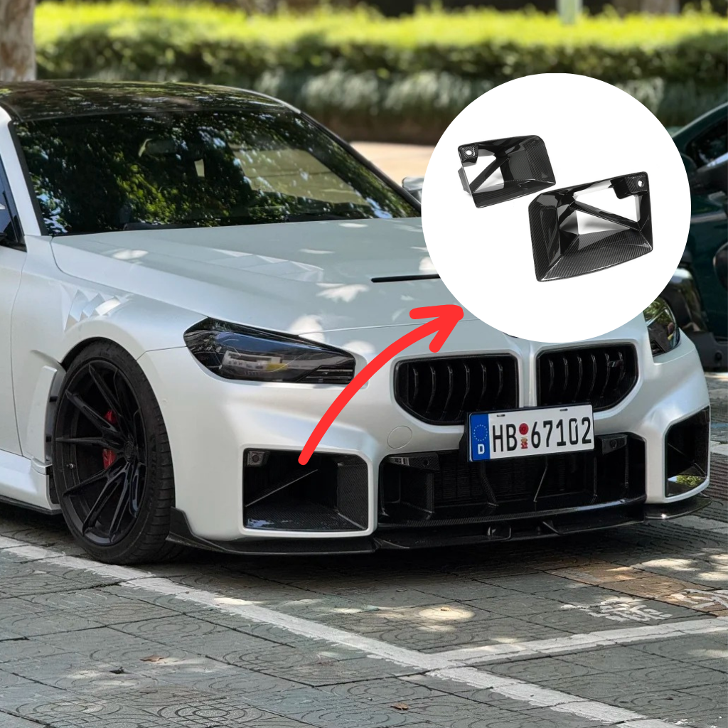 CarbonXtreme BMW G87 M2 MP Style dry carbon fiber front bumper vent with 45-degree intake design