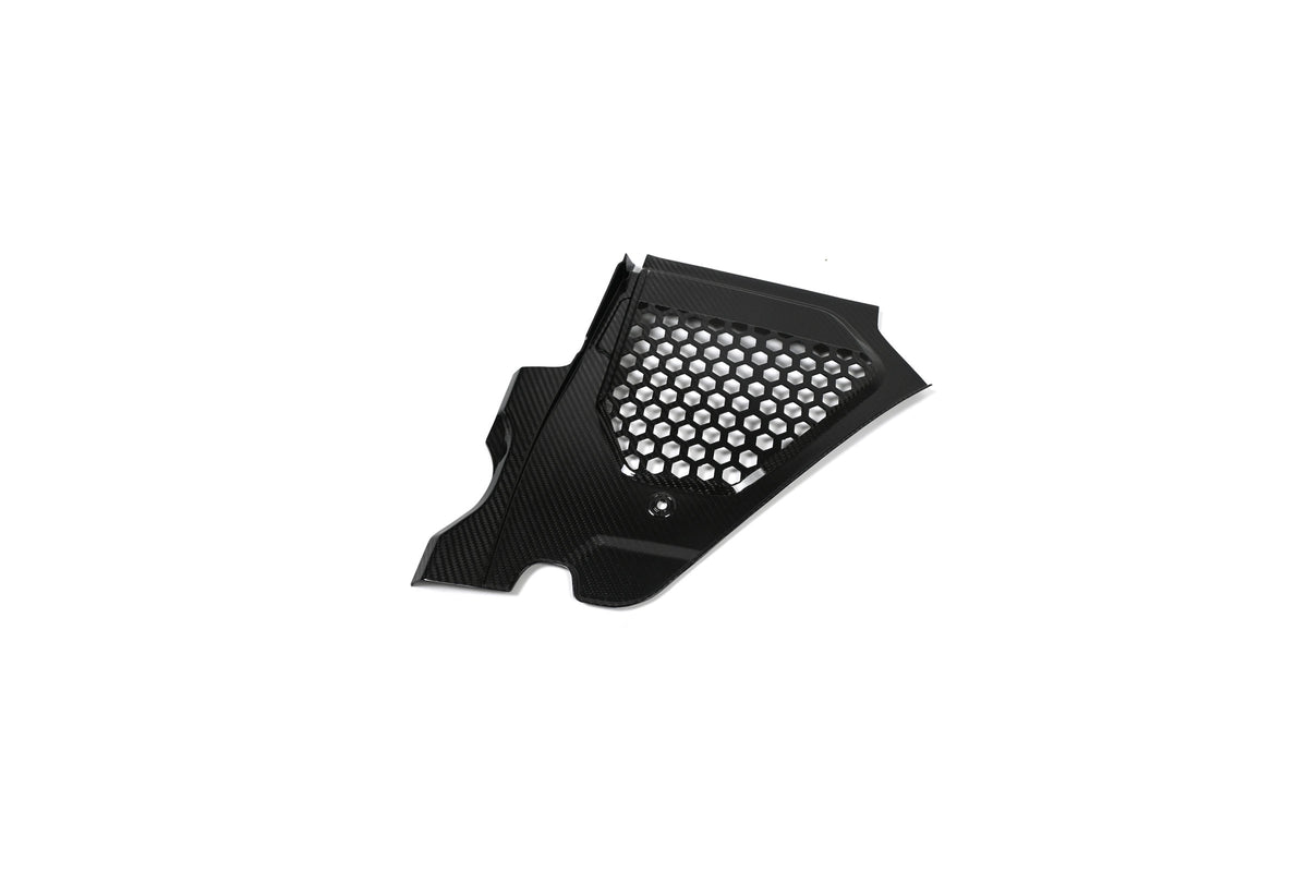 BMW G22 4 Series carbon fiber engine bay corner panels include this panel with a broad honeycomb mesh opening.