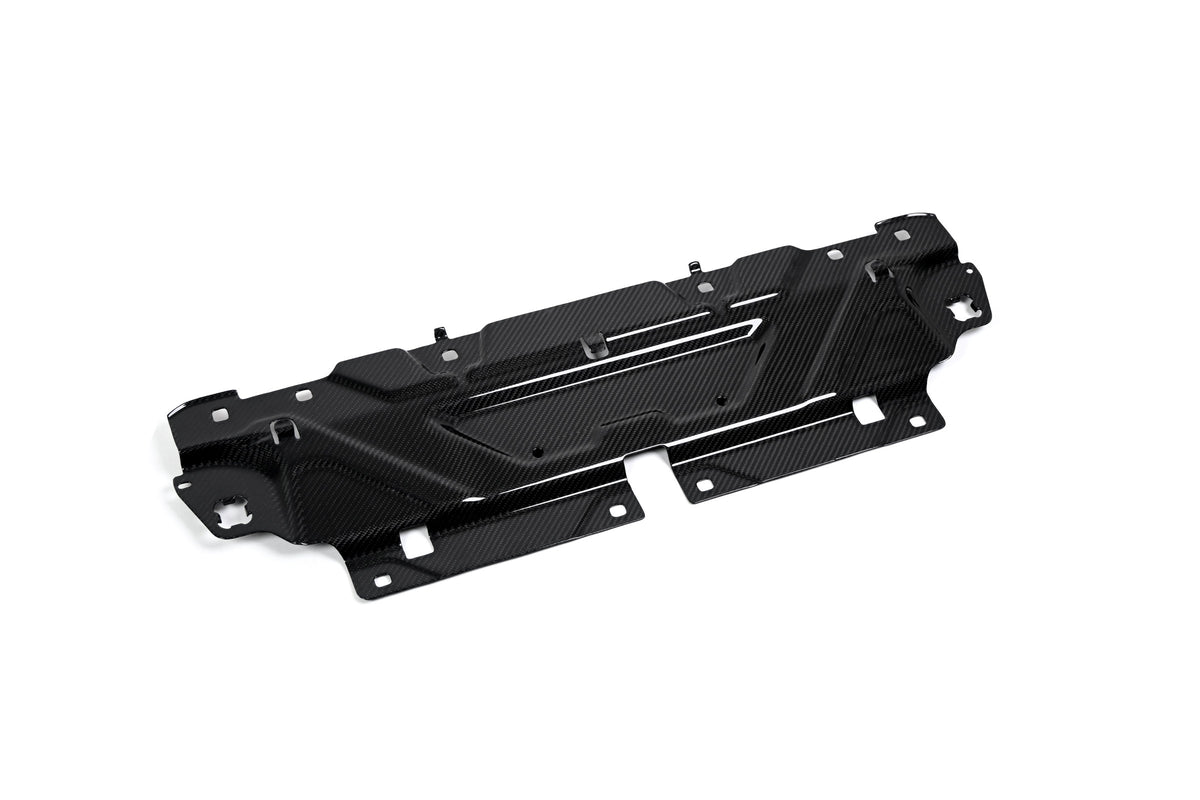 BMW G22 4 Series carbon fiber slam panel cover is angled on white with mounting holes along its front tabs.