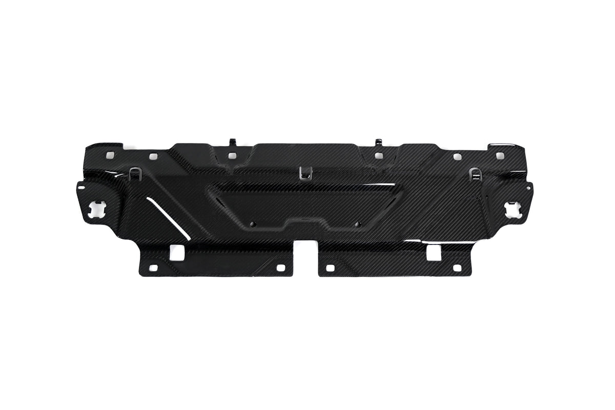 BMW G22 4 Series carbon fiber slam panel cover sits horizontally on white with its mounting holes visible.