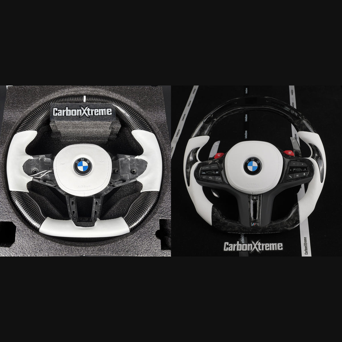 Two custom carbon fiber steering wheels we have built for BMW owners, one in twill carbon with white leather and one in forged carbon with LED shift lights