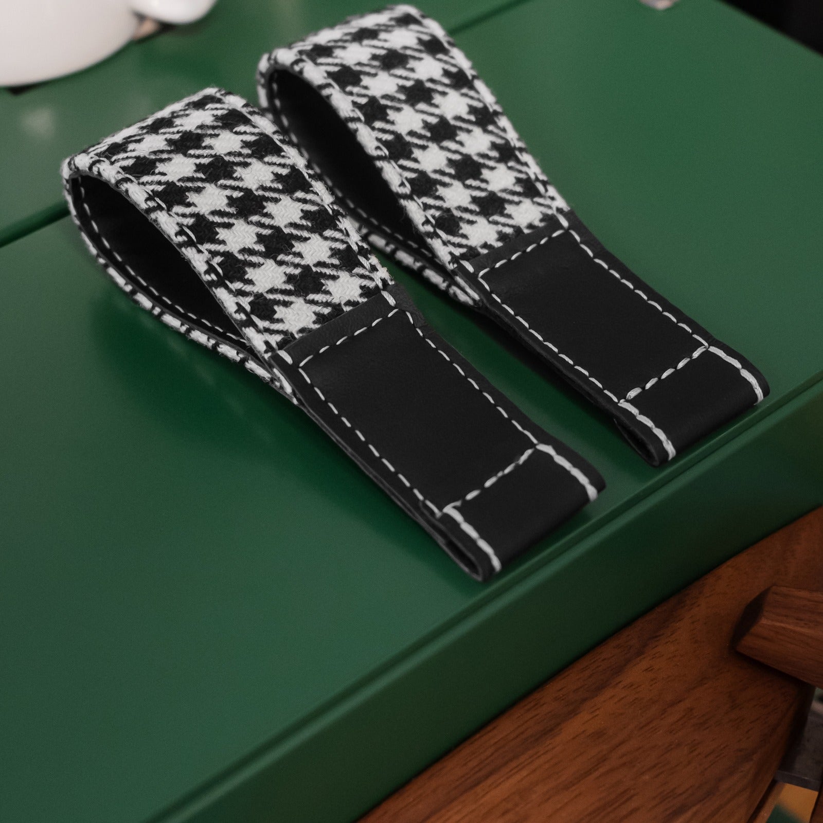 Porsche 992 leather door pull straps with tartan fabric insert and contrast stitching