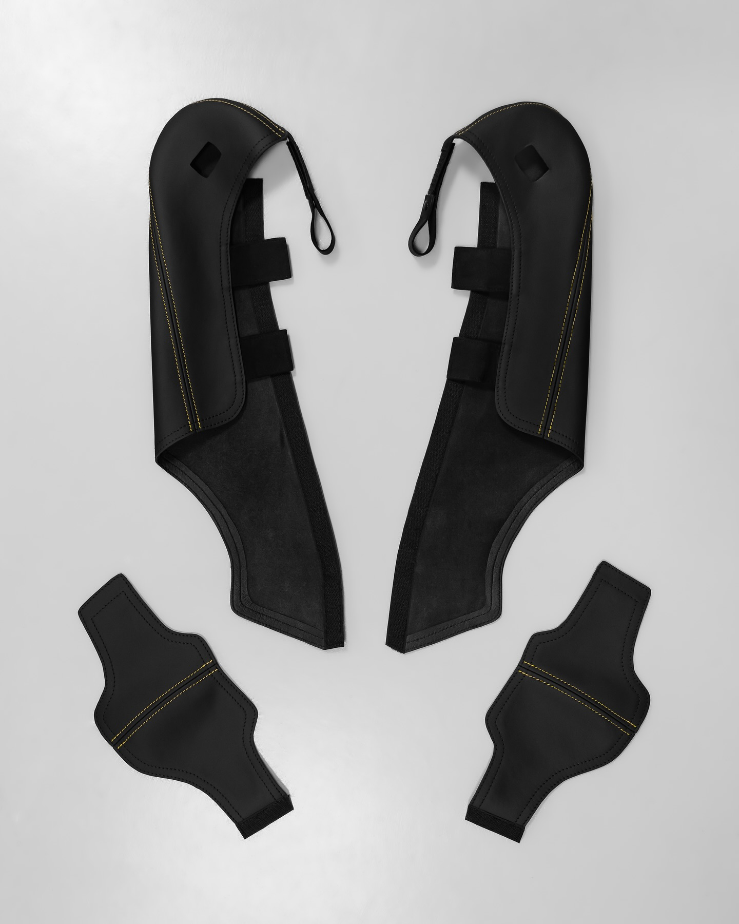 Porsche bucket seat bolster protector set, four piece black leather with racing yellow stitching
