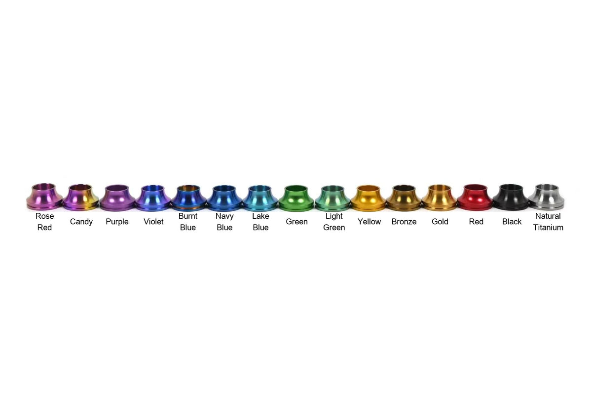 Anodized titanium color chart showing 15 finishes for CarbonXtreme dress-up bolt kits