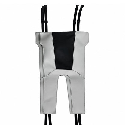 BMW M Carbon Bucket Seat Cushion Protector – grey leatherette outer panels with black perforated center stripe and strap attachments, flat product shot