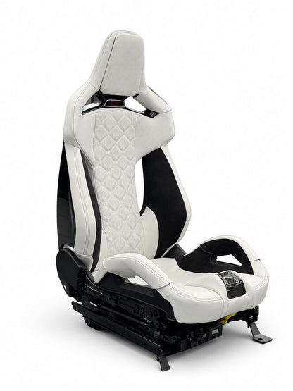 BMW M Carbon Fiber Bucket Seats Bespoke Leather in white and black M8-style diamond quilted leather, front view