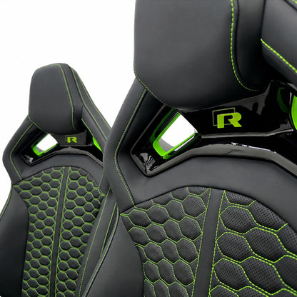 Audi RS Sport Bucket Seats green edition shoulder bridge detail – gloss black bridge with neon green accent inserts and green R badge close-up