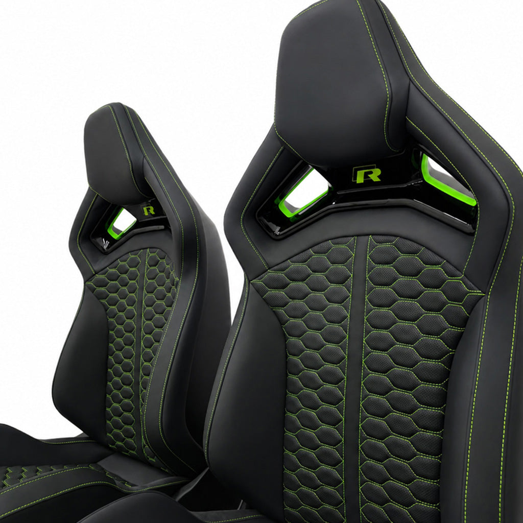 Audi RS Sport Bucket Seats green edition pair – black leather with honeycomb-quilted centers, neon green contrast stitching and green R badge on shoulder bridge