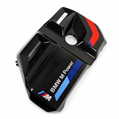 BMW G8X M2 M3 M4 S58 MP Style carbon fiber engine cover top view with slot vents, M tricolor stripes and BMW M Power lettering