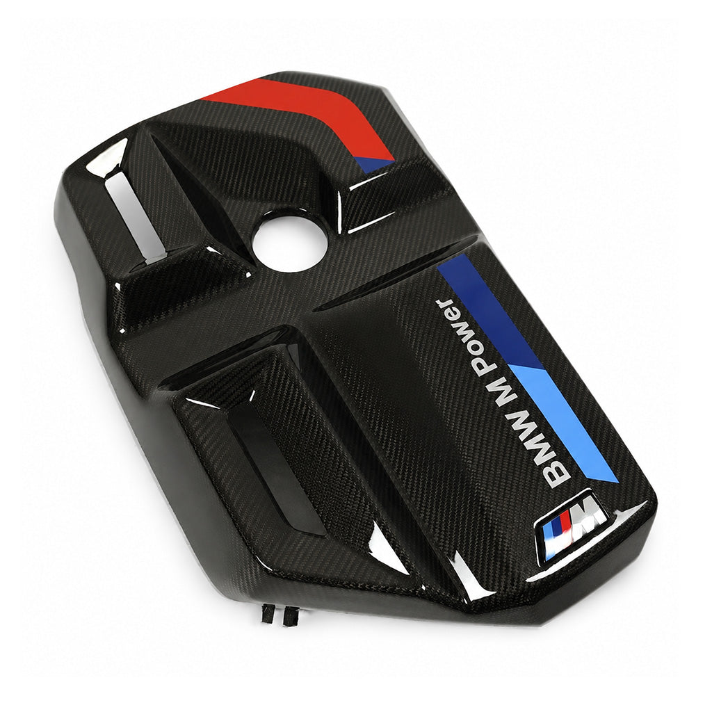 BMW G8X M2 M3 M4 S58 MP Style carbon fiber engine cover angled view with BMW M Power lettering and M badge