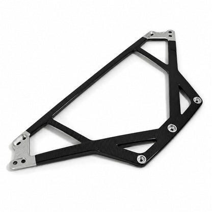 CSL style carbon fiber strut bar with silver CNC end brackets in the BMW G8X S58 engine bay kit