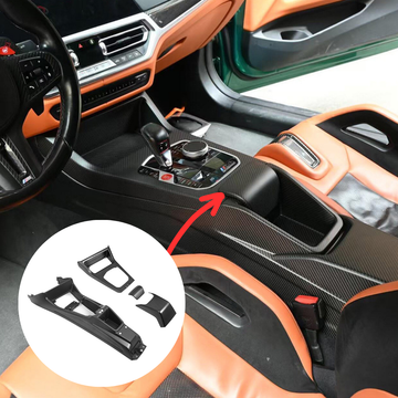 BMW G8X CSL CS Style Carbon Fiber Center Console installed in orange-leather G8X interior – full console view with product callout inset showing individual pieces