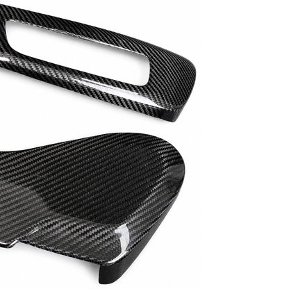 BMW G8X M2 M3 M4 Dry Carbon Side Seat Cover pair close-up – 2x2 twill weave texture detail with cutout frame edge visible, white background