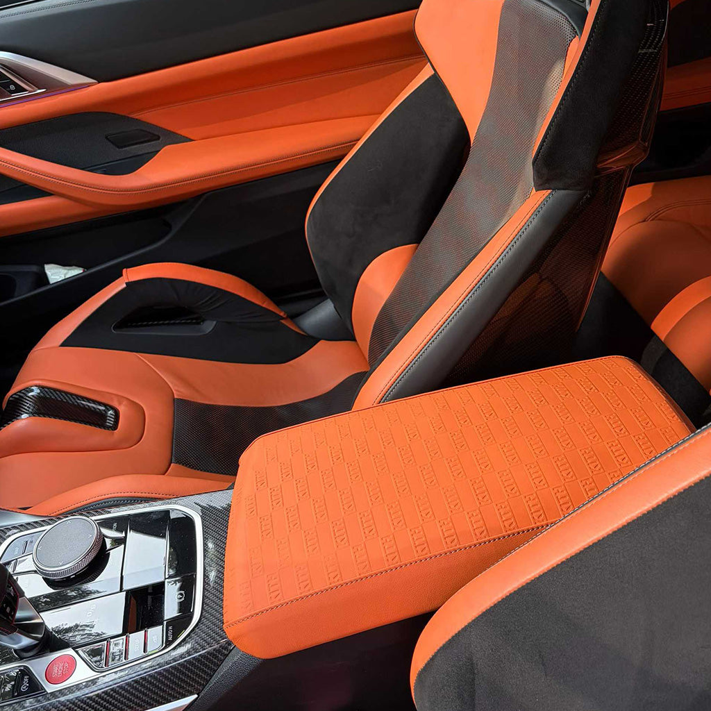 BMW G8X Merino Leather Center Armrest Cover — Signature Script Style (Custom)