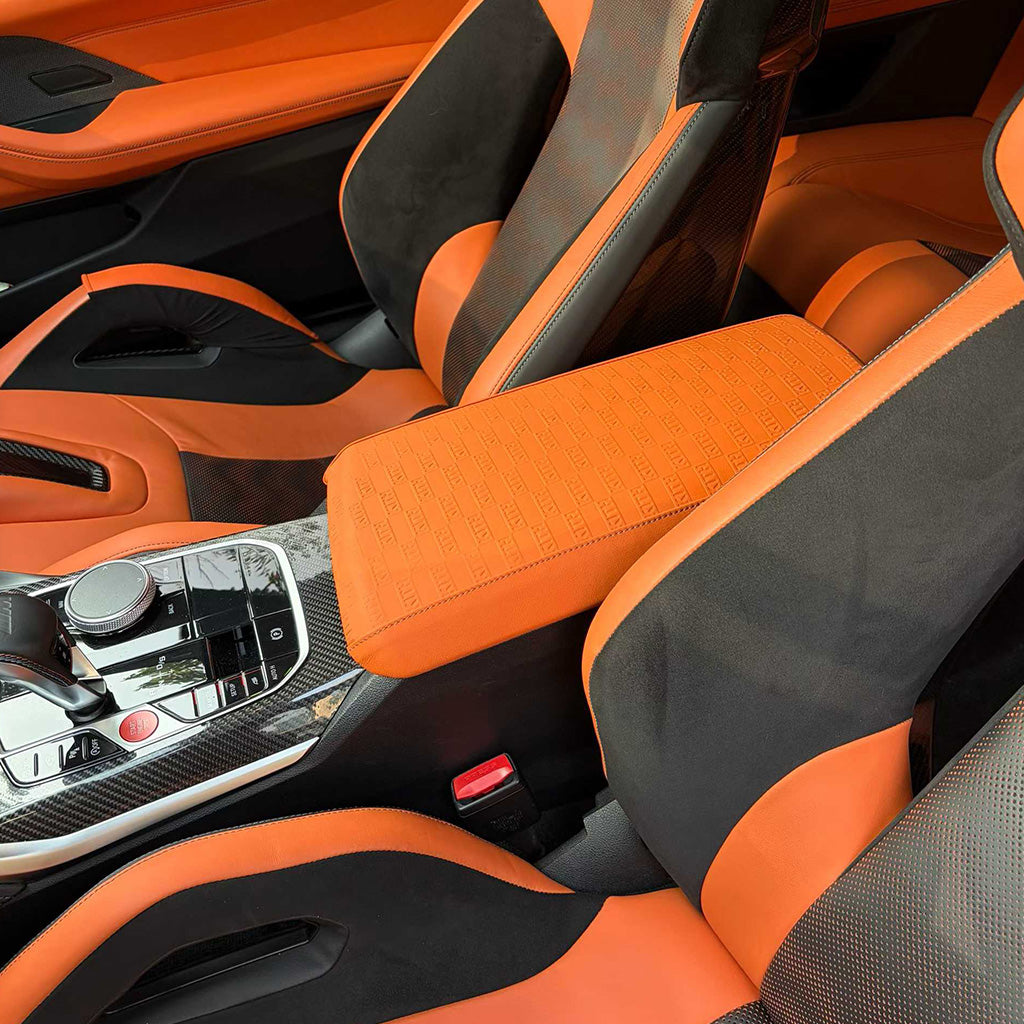 BMW G8X Merino Leather Center Armrest Cover — Signature Script Style (Custom)
