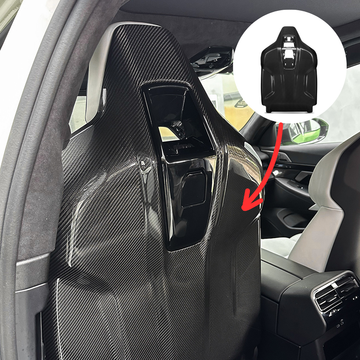 BMW G90 M5 OEM Style Carbon Fiber Seat Back Replacement installed – rear passenger view of front seat with product inset thumbnail