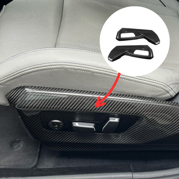 BMW G90 M5 Carbon Fiber Side Seat Cover installed – front seat lower side view with product inset and installation location indicator