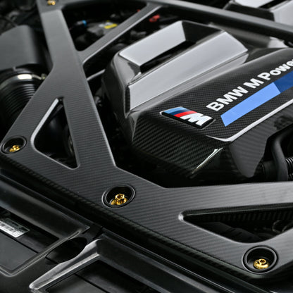 CSL style prepreg carbon fiber engine bay strut brace with black brackets