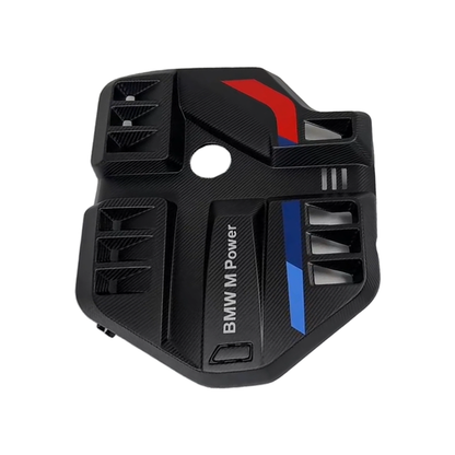 BMW G80 G82 G87 M2 M3 M4 S58 EVE carbon fiber engine cover, aggressive vented design with BMW M Power lettering, M tricolor stripe and carbon weave