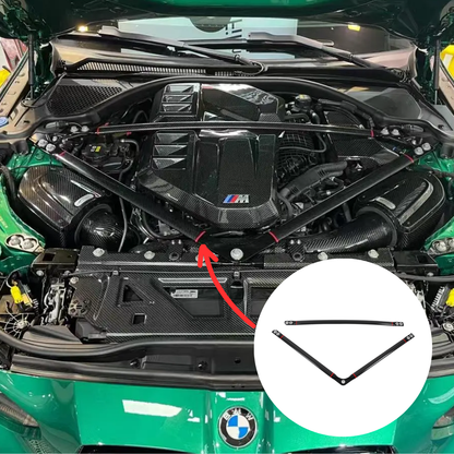 V-Shape carbon fiber engine bay strut bar in the BMW G8X S58 engine bay kit