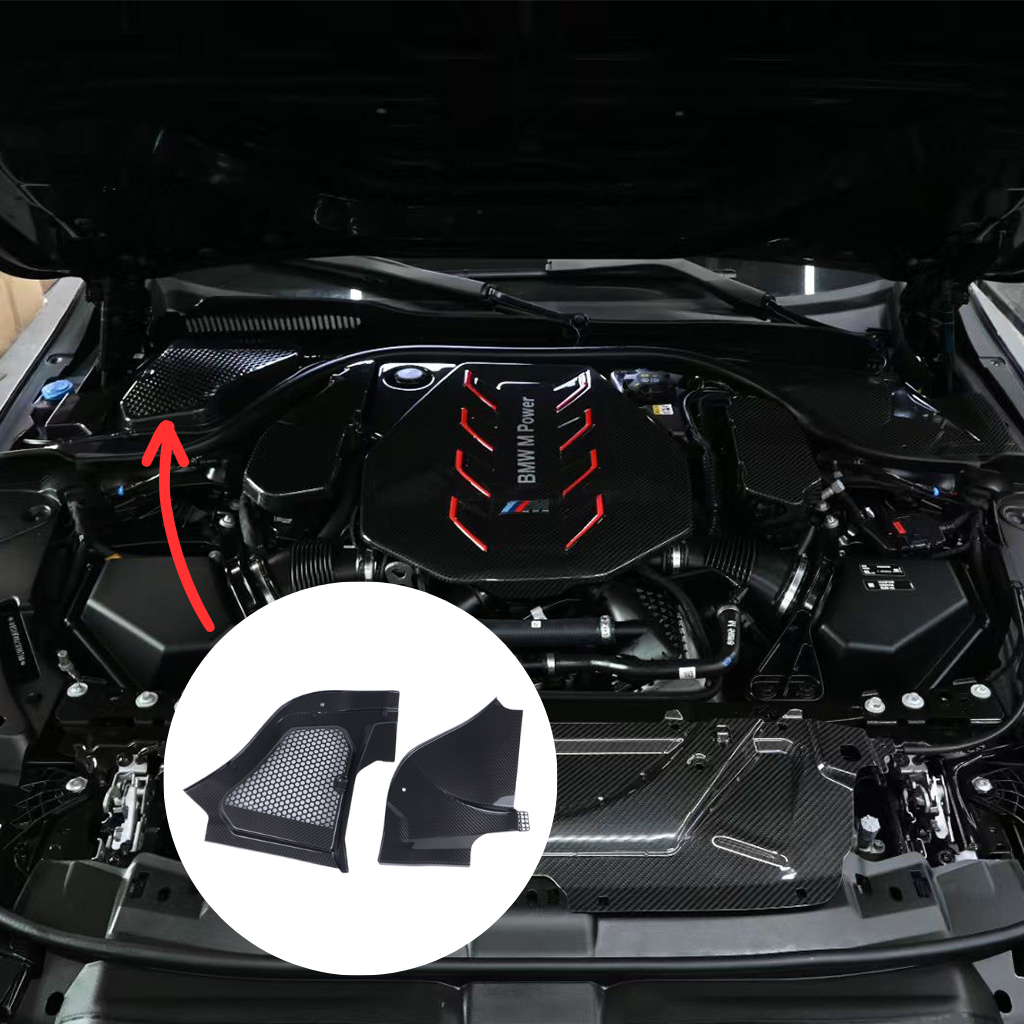 BMW G90 M5 dry carbon fiber engine bay corner covers by CarbonXtreme
