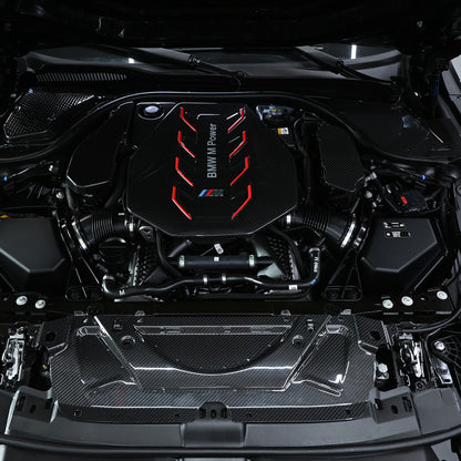 BMW G90 M5 full carbon fiber engine bay set with mesh, battery cover, radiator cap, and engine shroud by CarbonXtreme