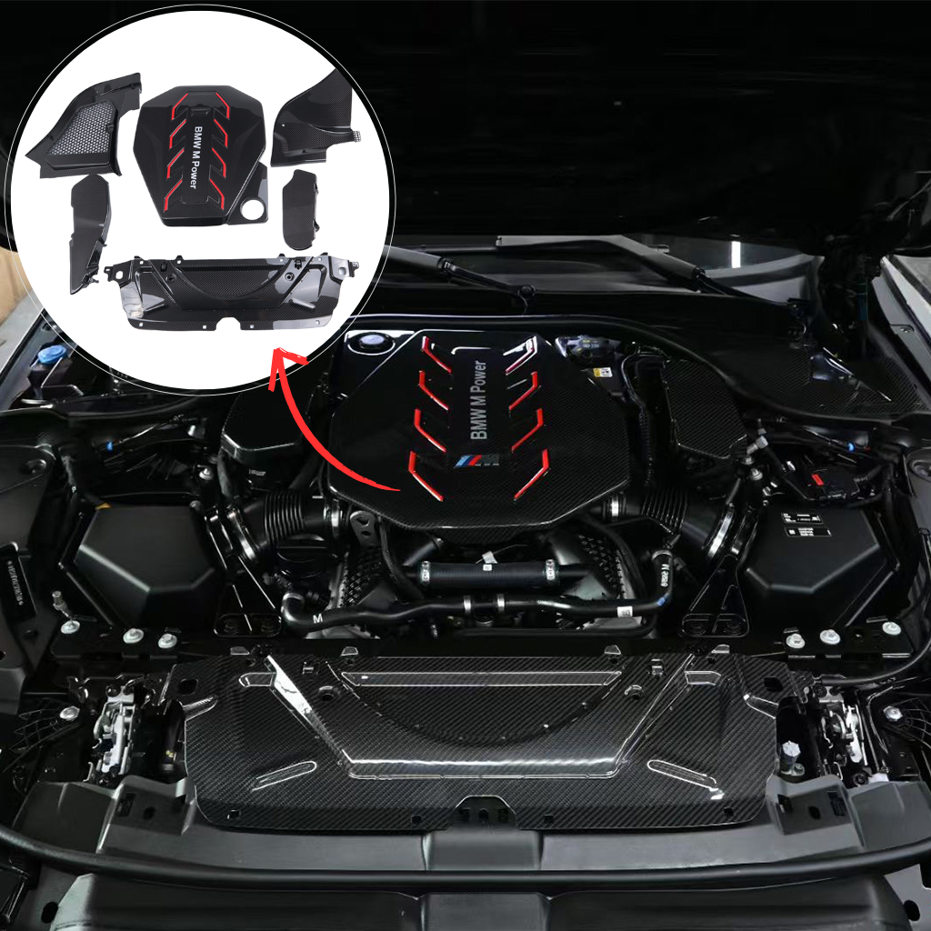 BMW G90 M5 full carbon fiber engine bay set with mesh, battery cover, radiator cap, and engine shroud by CarbonXtreme
