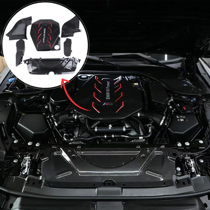 BMW G90 M5 full carbon fiber engine bay set with mesh, battery cover, radiator cap, and engine shroud by CarbonXtreme
