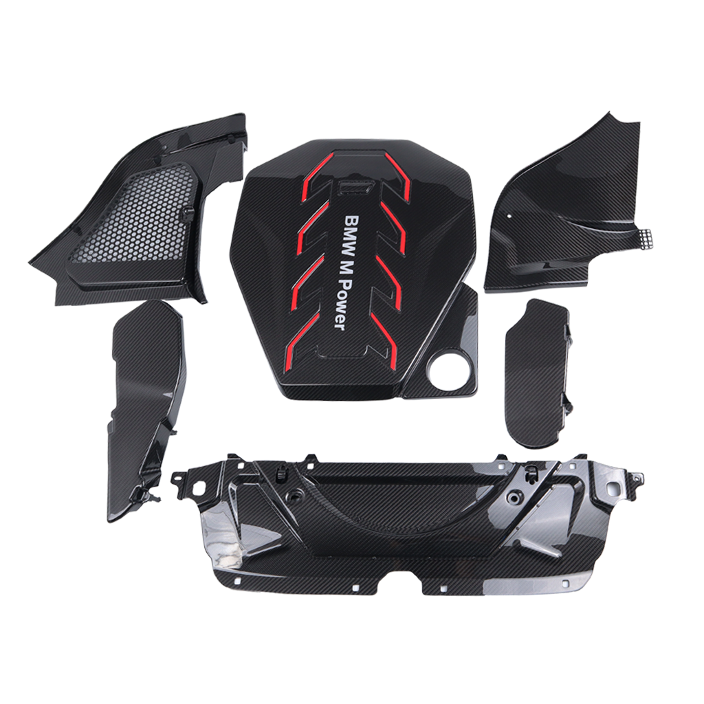 BMW G90 M5 full carbon fiber engine bay set with mesh, battery cover, radiator cap, and engine shroud by CarbonXtreme
