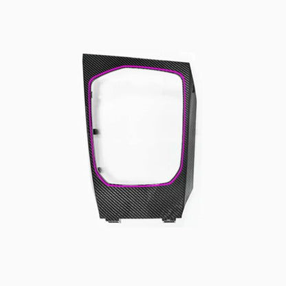 BMW M Illuminated Gear Selector Surround carbon fiber variant – gloss carbon weave face with LED strip visible, product shot on white