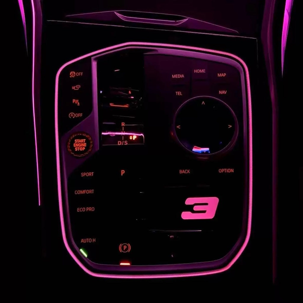 BMW M Illuminated Gear Selector Surround installed in G2x G3x – pink magenta LED active with matching 3 Series badge illumination