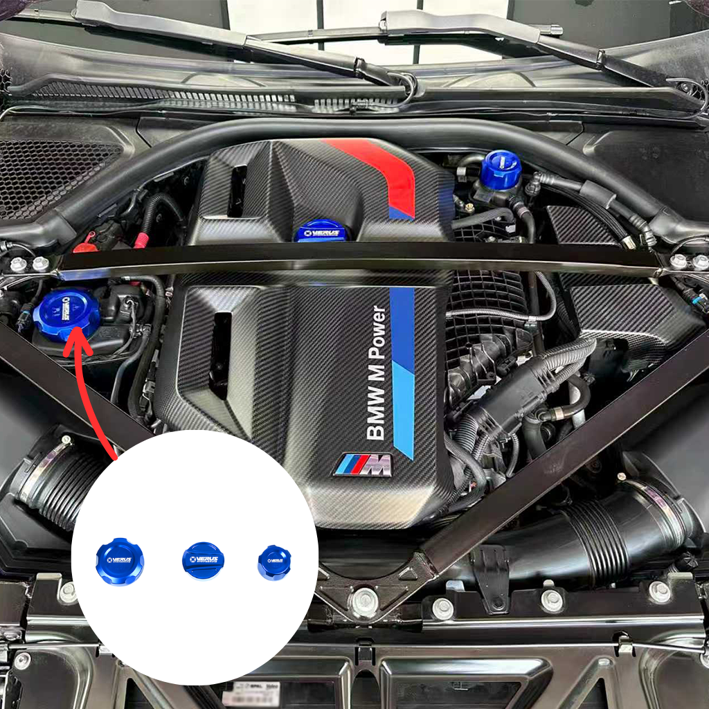 CarbonXtreme BMW S58 engine bay oil filler cap 3-piece set CNC 6061 aluminum anodized red and blue finish
