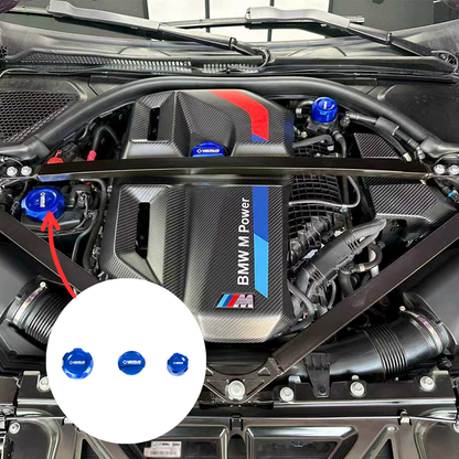 CarbonXtreme BMW S58 engine bay oil filler cap 3-piece set CNC 6061 aluminum anodized red and blue finish
