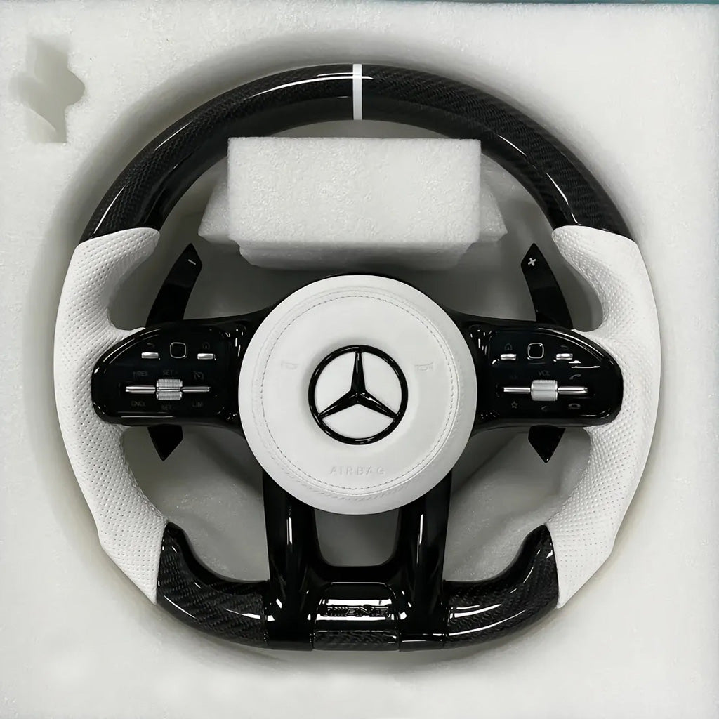 CarbonXtreme Mercedes Carbon Fiber Steering Wheel White Perforated Leather Handle