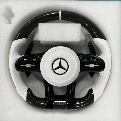CarbonXtreme Mercedes Carbon Fiber Steering Wheel White Perforated Leather Handle