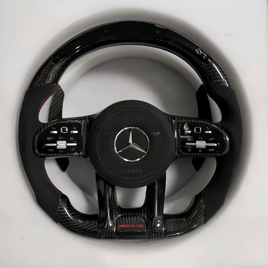 CarbonXtreme Mercedes Carbon Fiber Steering Wheel With LED Shift Lights Black Alcantara Grip With Red Stitching And Black Alcantara Airbag Cover