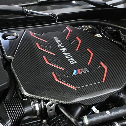 BMW G90 M5 full carbon fiber engine bay set with mesh, battery cover, radiator cap, and engine shroud by CarbonXtreme