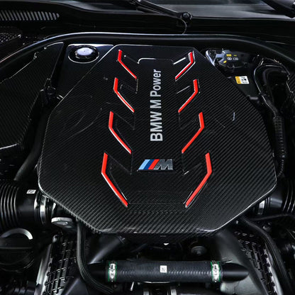 BMW G90 M5 full carbon fiber engine bay set with mesh, battery cover, radiator cap, and engine shroud by CarbonXtreme