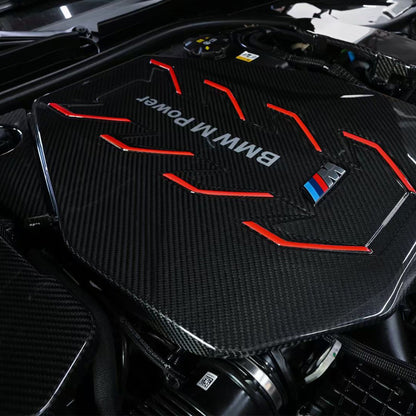 BMW G90 M5 full carbon fiber engine bay set with mesh, battery cover, radiator cap, and engine shroud by CarbonXtreme